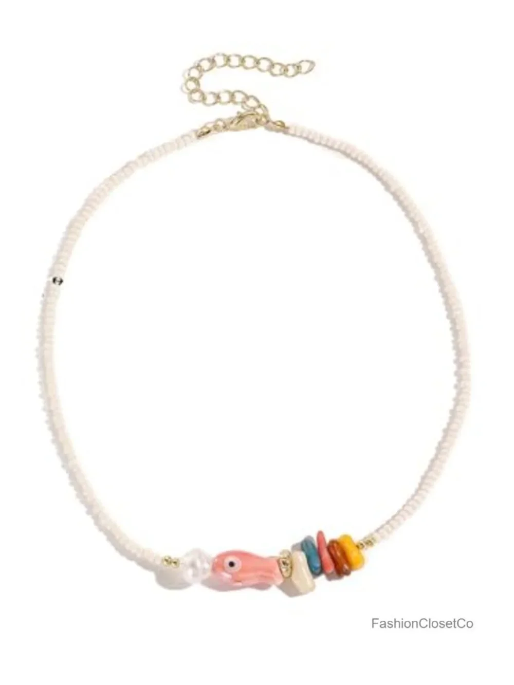 Ceramic Fish Starfish Charm Necklace Pearl Beaded Boho Choker Layered Summer